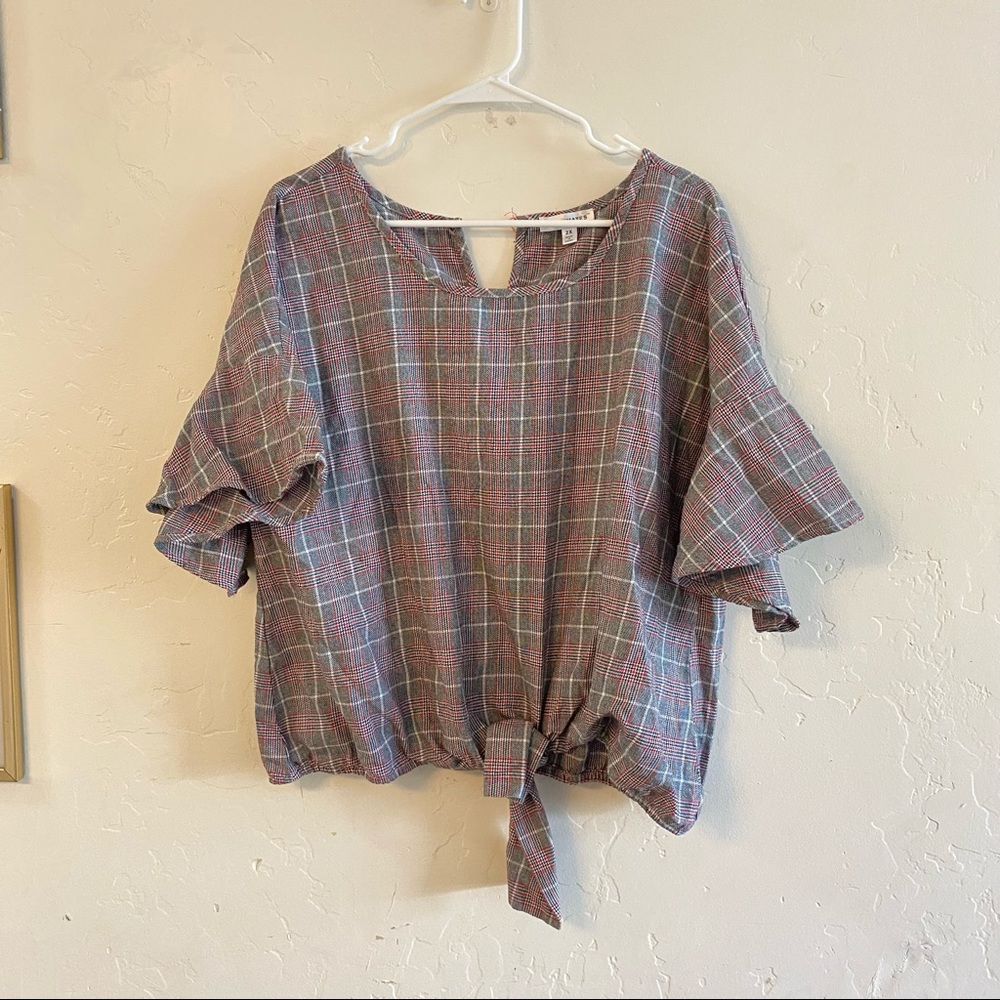 Roommates Gray & White Plaid Statement Sleeve Top Size 2X